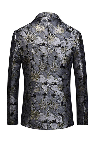 Blazer de fête en jacquard noir à revers crantés à un bouton pour homme